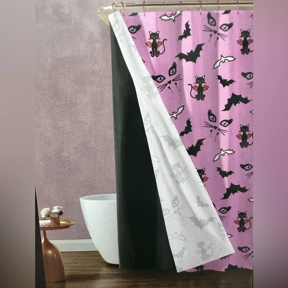 Betsy Johnson Black & Pink Cat & Bat Shower Curtain Set w/ Liner & Shower Hooks